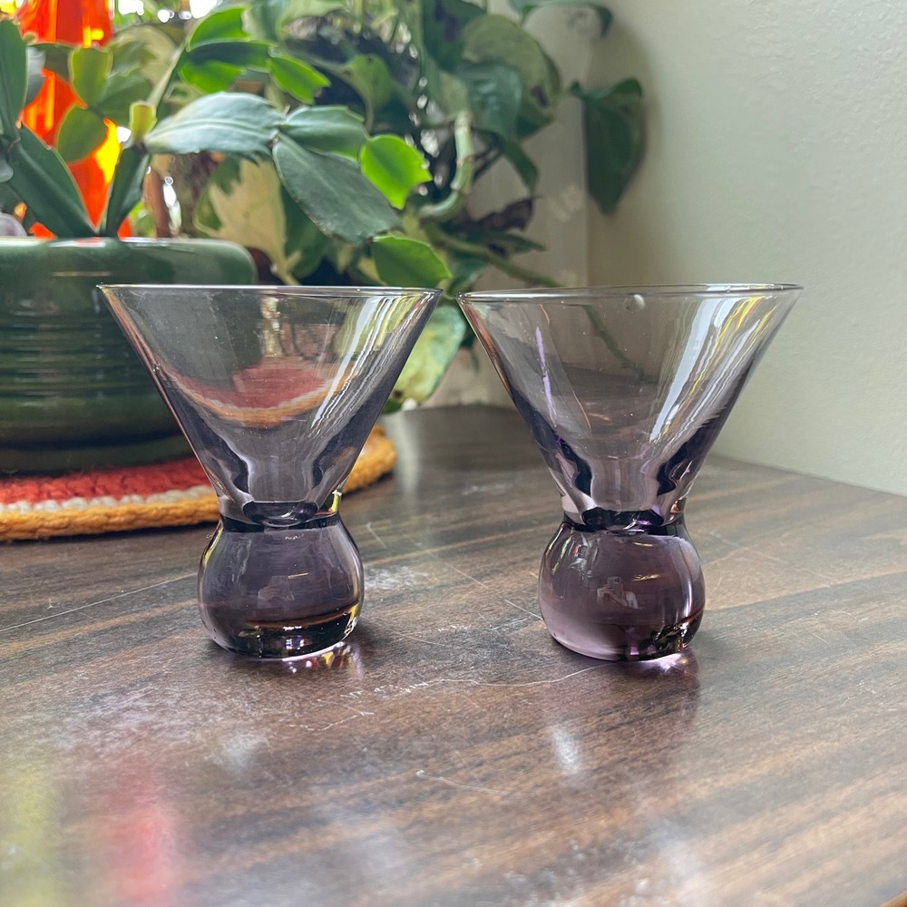 2 Vtg purple MCM Bubble Ball Bottom Martini Glasses‎ Cosmo Stemless Atomic set